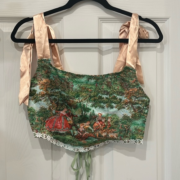 Green Corset Inspired Cropped Lace Up Top with Self-Tie Ribbon Straps NWOT - Picture 2 of 14